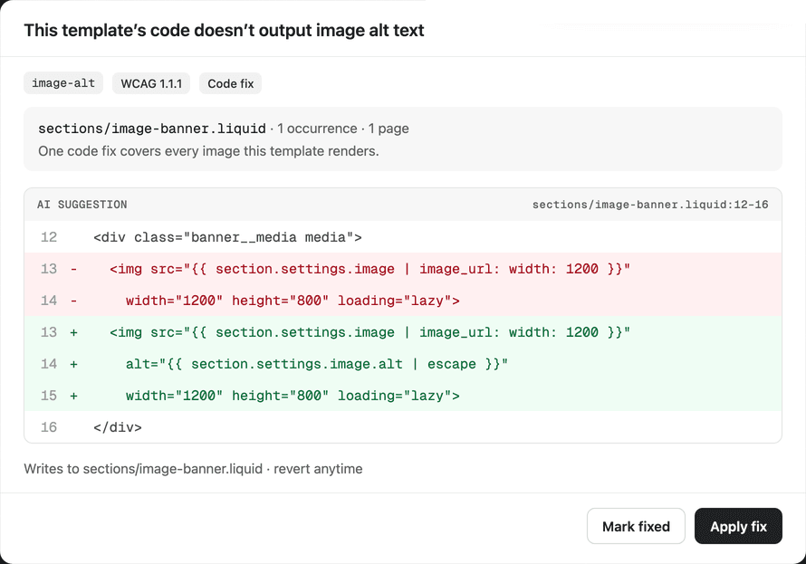 A SiteRemora fix for an image banner template: the diff adds an alt attribute to the image tag, with buttons to mark it fixed or apply the fix.