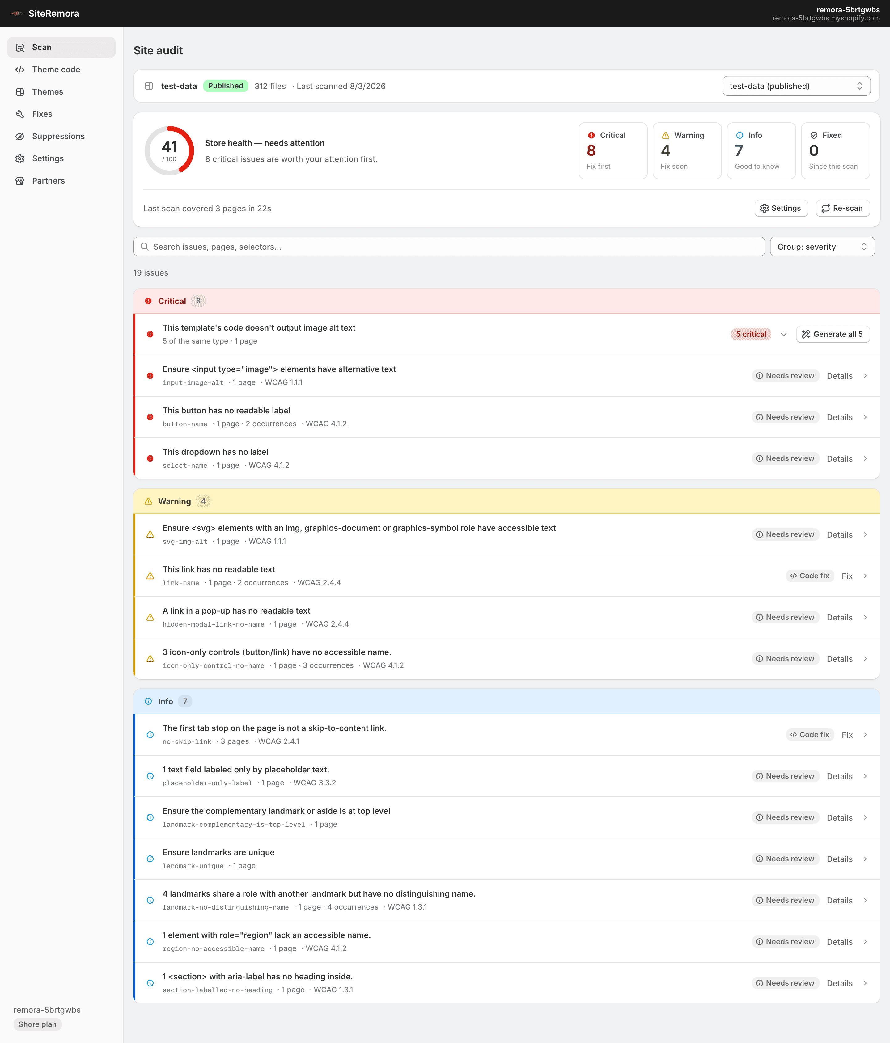 SiteRemora's site audit inside the Shopify admin: a health score, issue counts by severity, and the full list of critical, warning and info findings