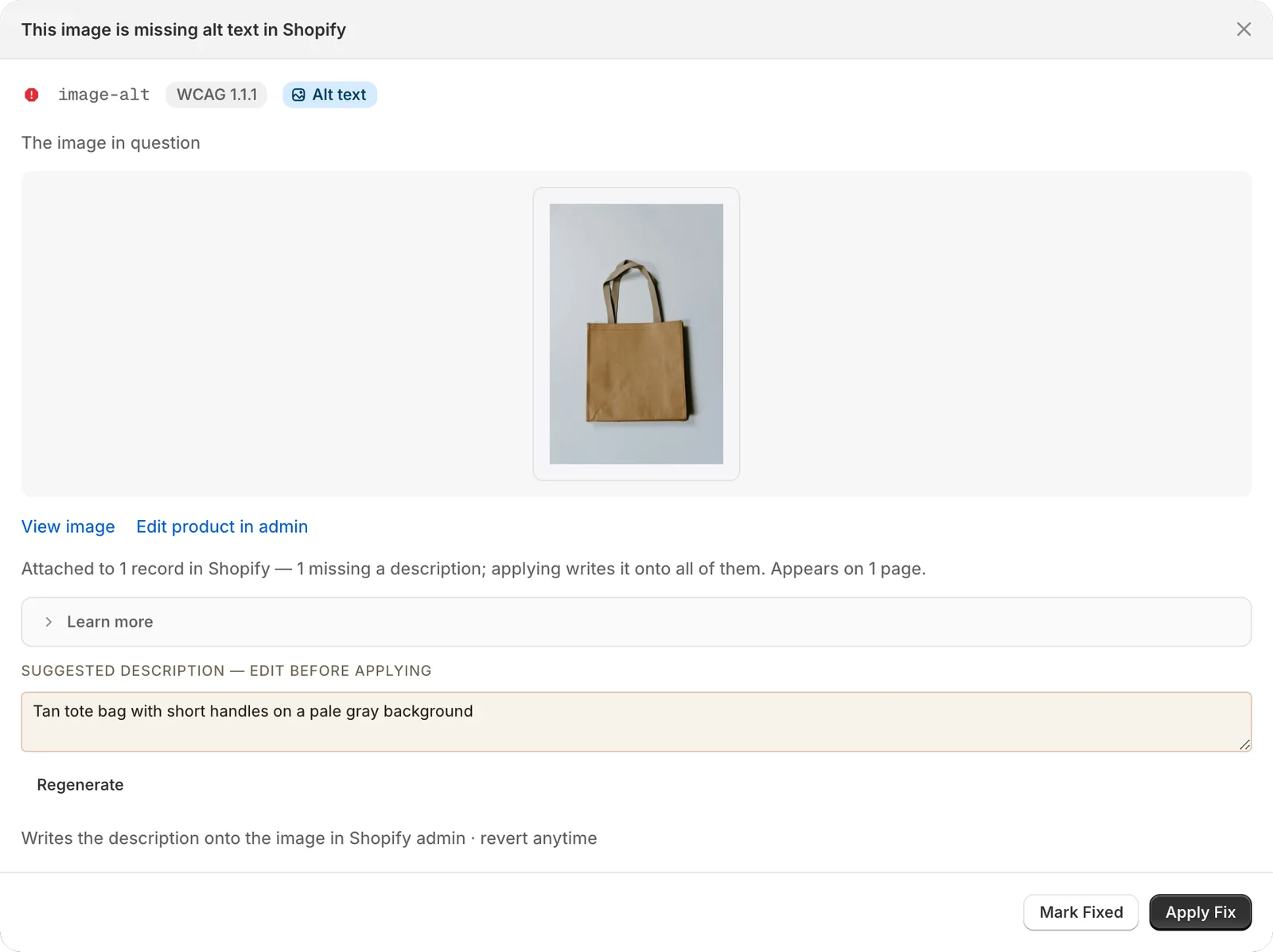The alt text panel showing a product photo of a tan tote bag, the Shopify record it belongs to, and a suggested description ready to edit
