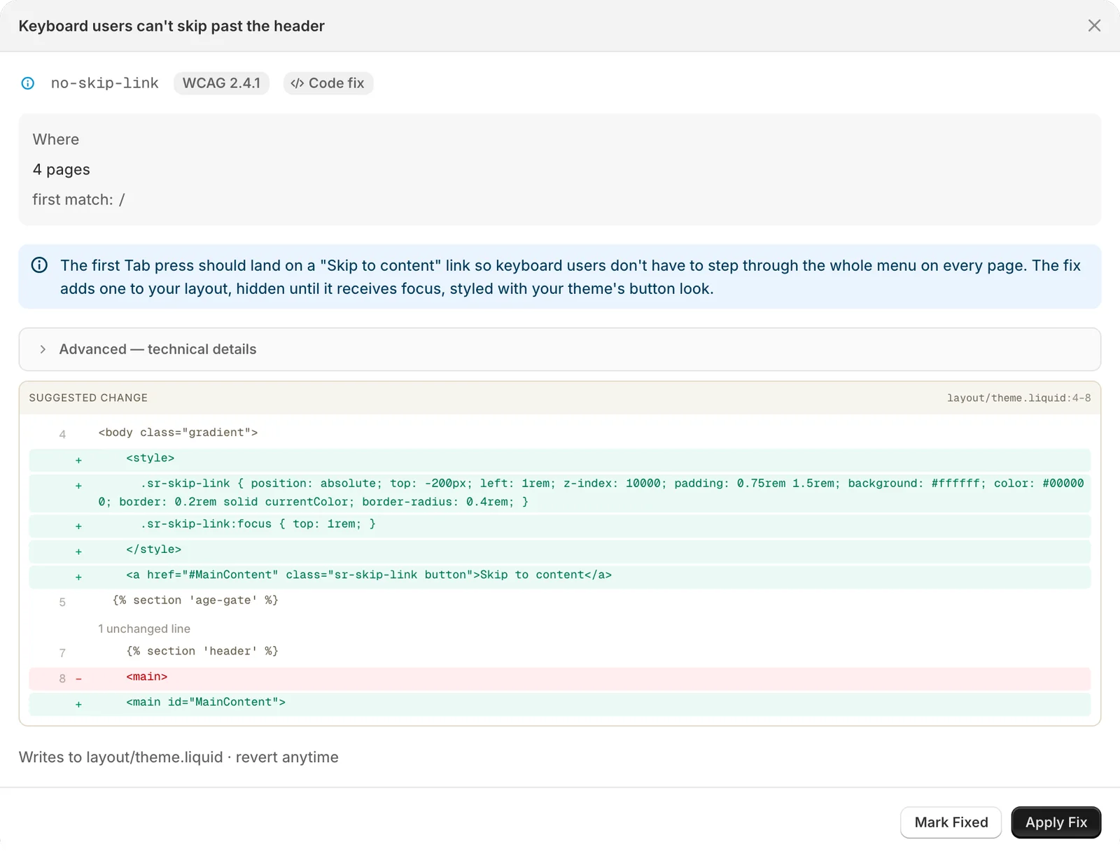 A drafted code fix adding a skip to content link to layout/theme.liquid, with Apply Fix and Mark Fixed buttons