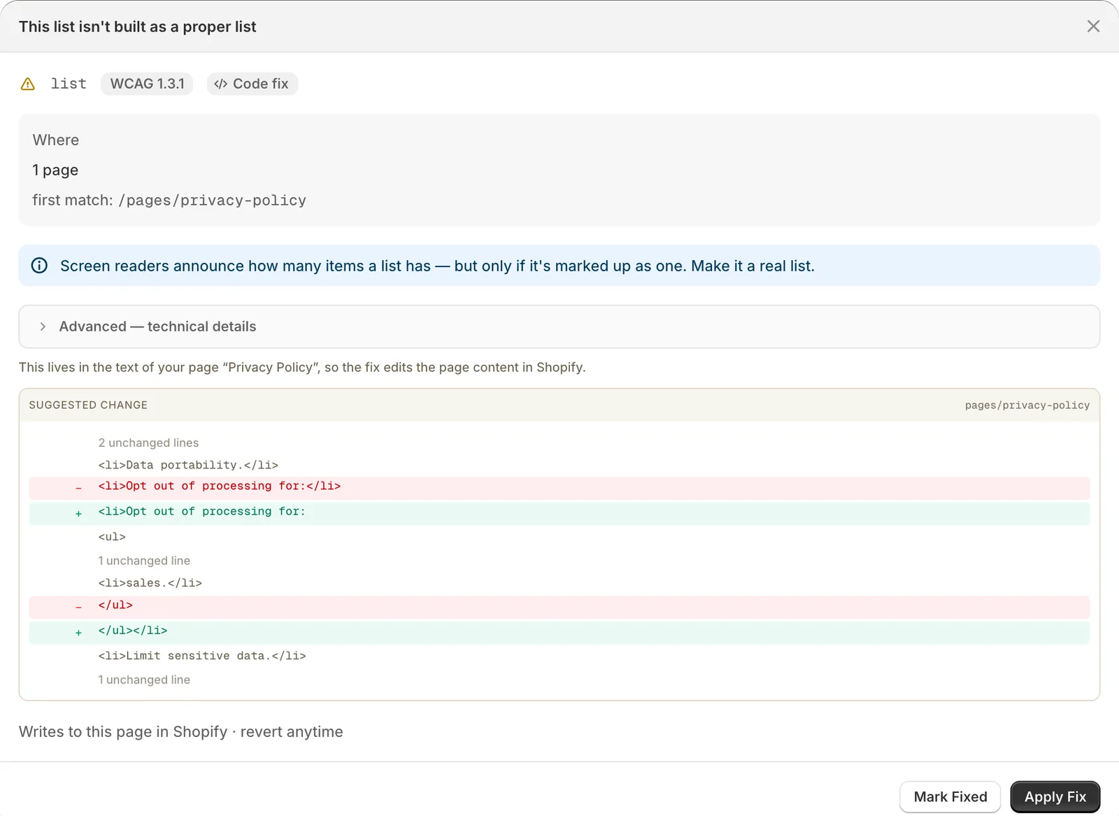 A page content fix nesting a list correctly in the Privacy Policy page