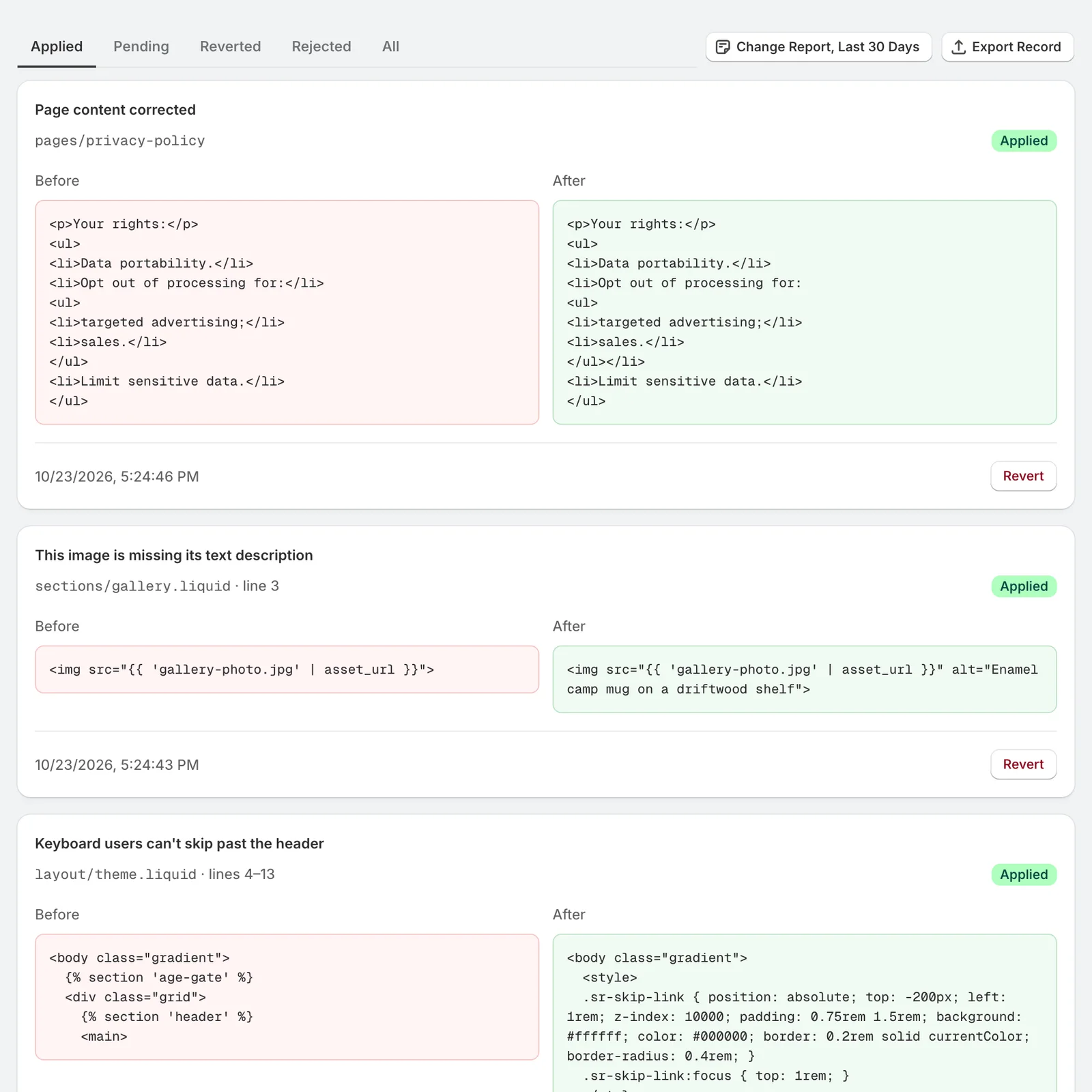 The Fixes page listing applied fixes with before and after code and Revert buttons