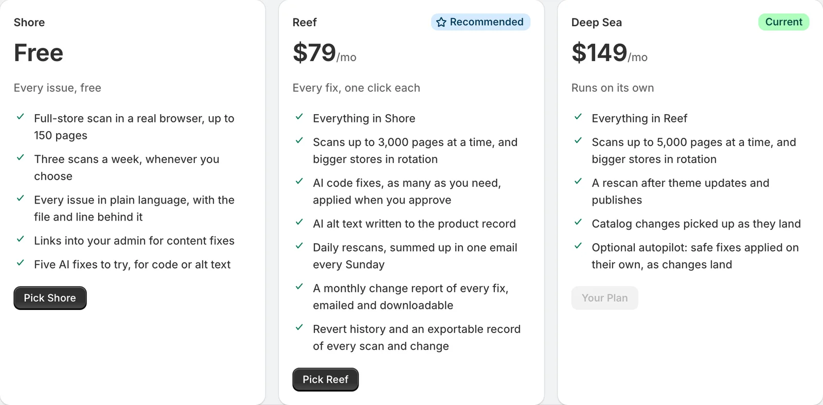 The three plans side by side: Shore free, Reef at $79 a month and Deep Sea at $149 a month