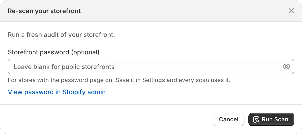 The Re-scan your storefront dialog with an optional storefront password field and a Run Scan button
