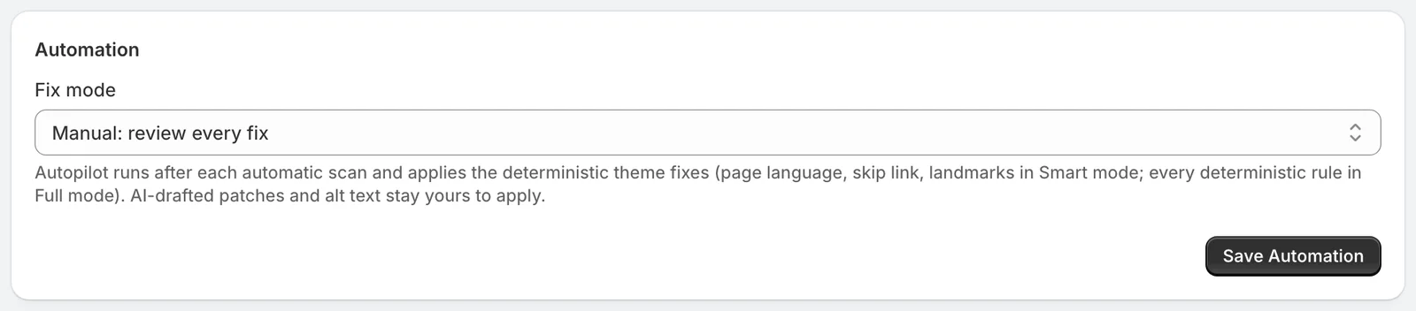 The Automation card in Settings with the Fix mode menu set to Manual