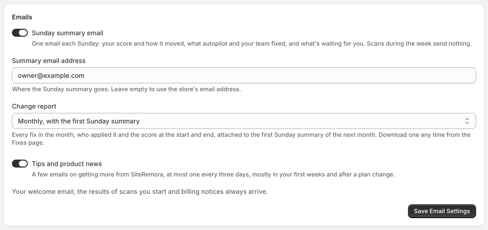The Emails card in Settings with the Sunday summary switch, the summary email address, the change report menu and the tips switch