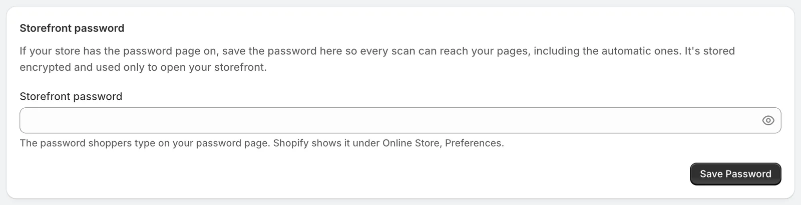 The Storefront password card in SiteRemora settings